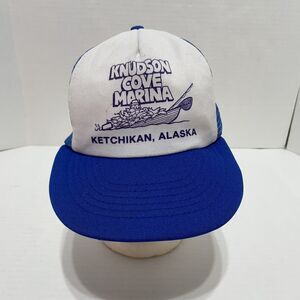 Vintage Knudson Cove Marina Alaska Trucker Hat, Blue and White, Snapback Cap